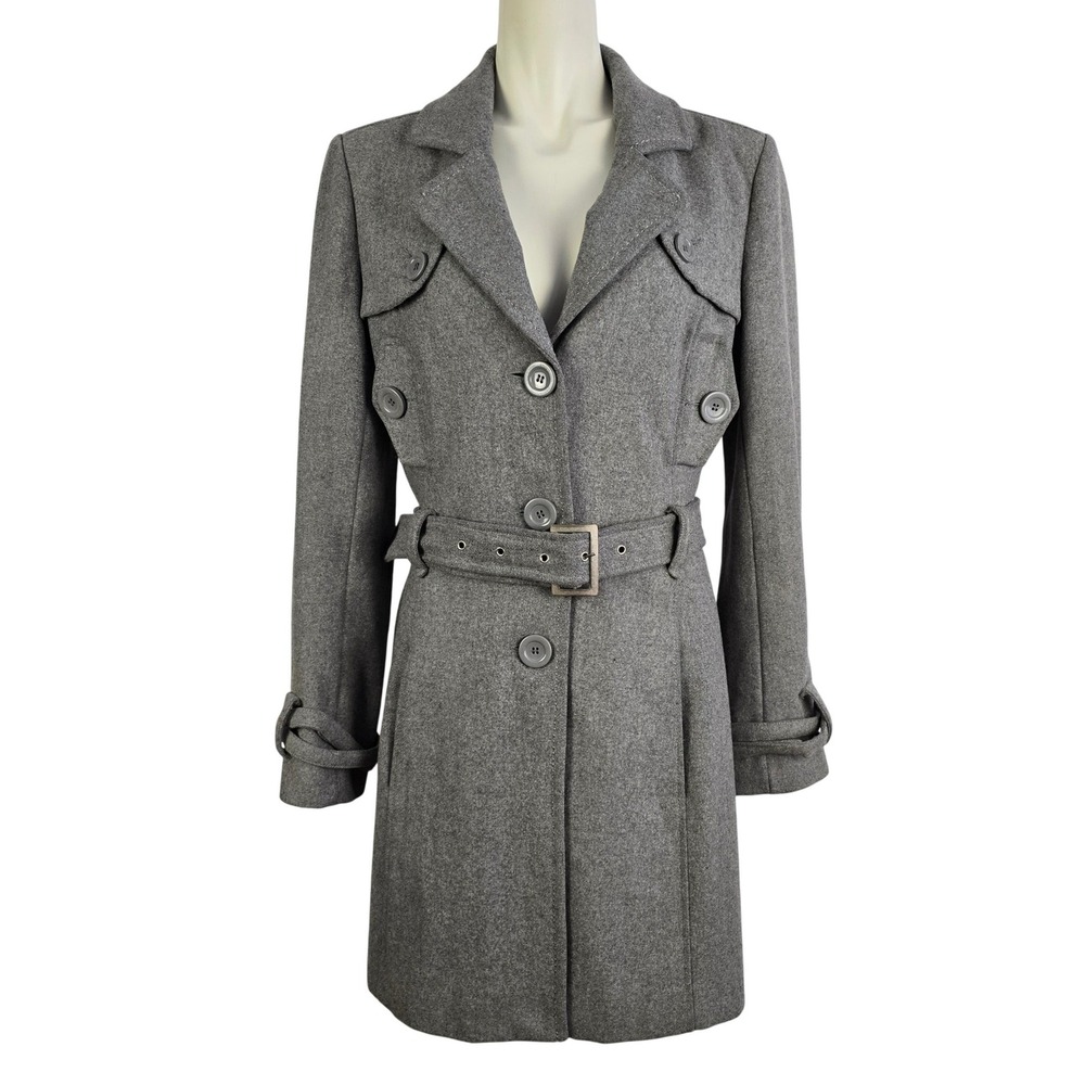 Peppercorn Women's Trench Coat Button Down Belted Grey Wool Blend Lined Size M